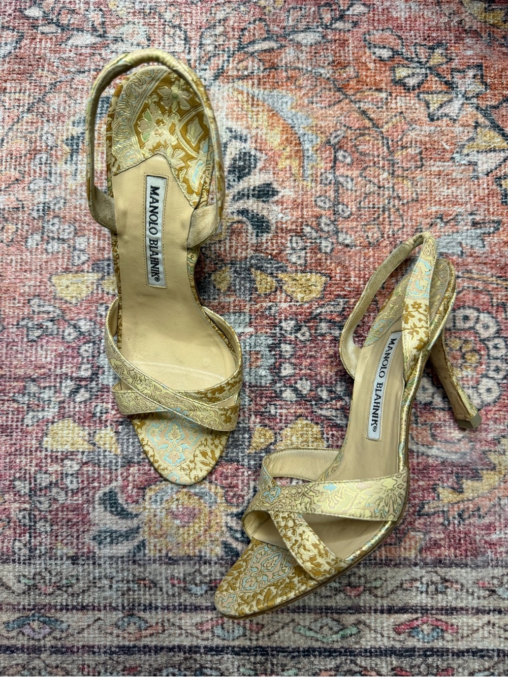 Vintage Manolo Blahnik Gold Floral Slingback Heeled Sandals